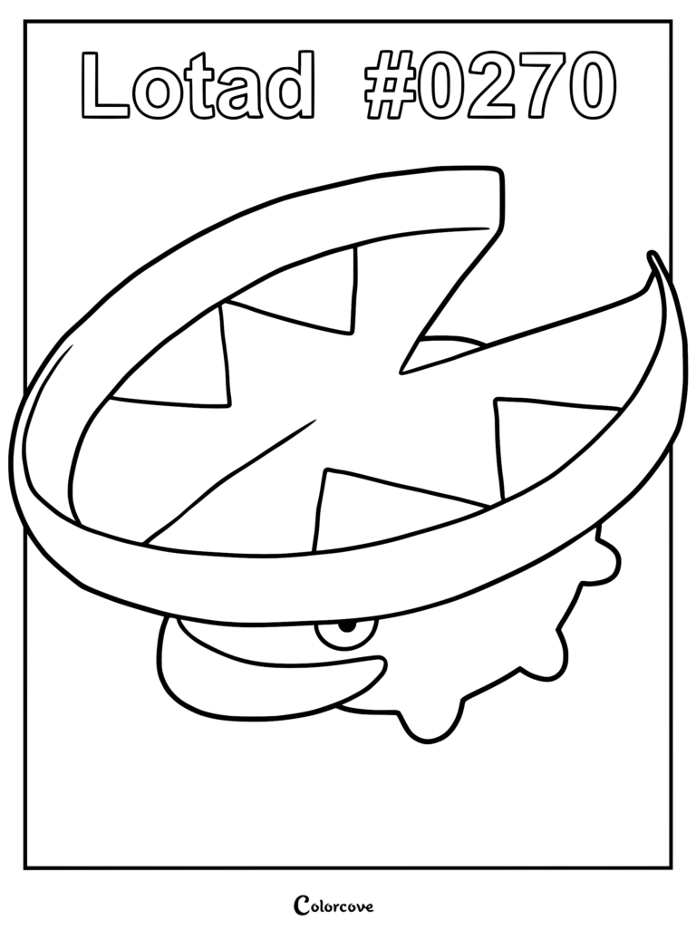 A printable coloring page featuring Lotad #0270 with its signature large lily pad hat and small, rounded body.