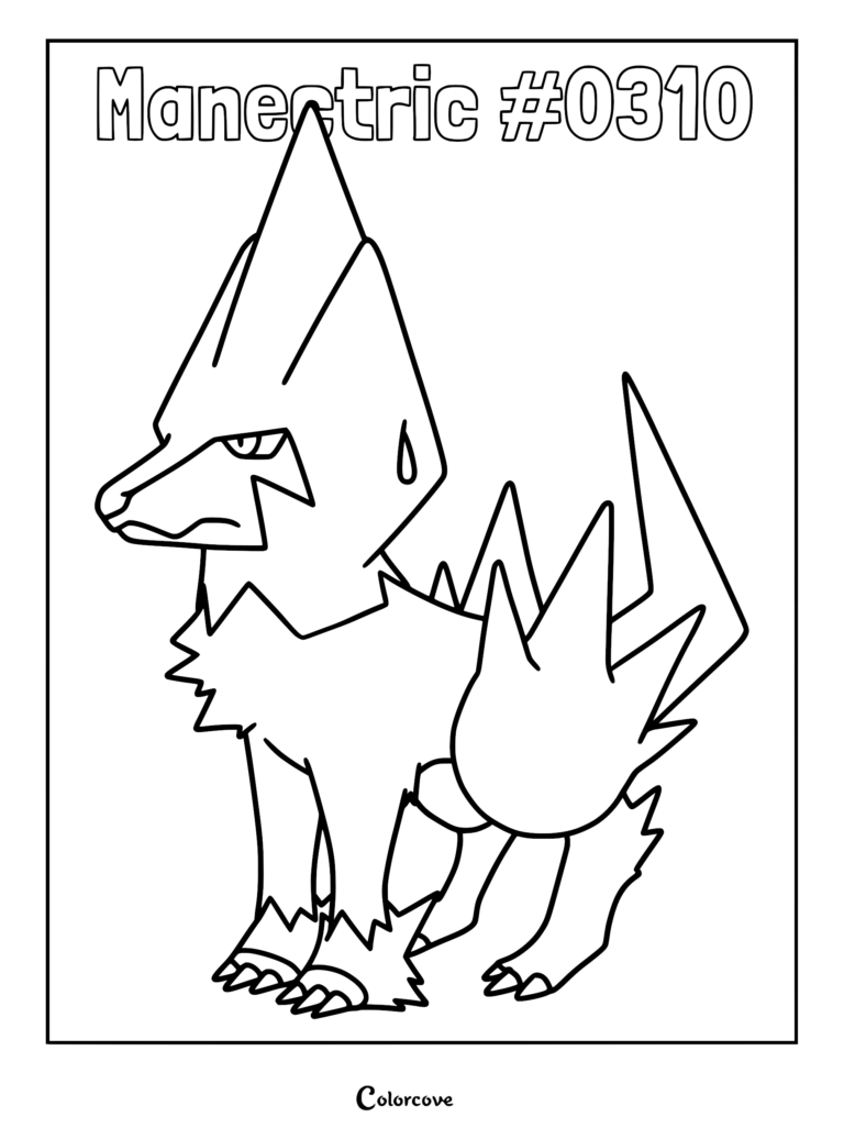 A printable coloring page featuring the Electric-type Pokemon Manectric #0310 standing in a profile view with its signature spiky mane and tail.