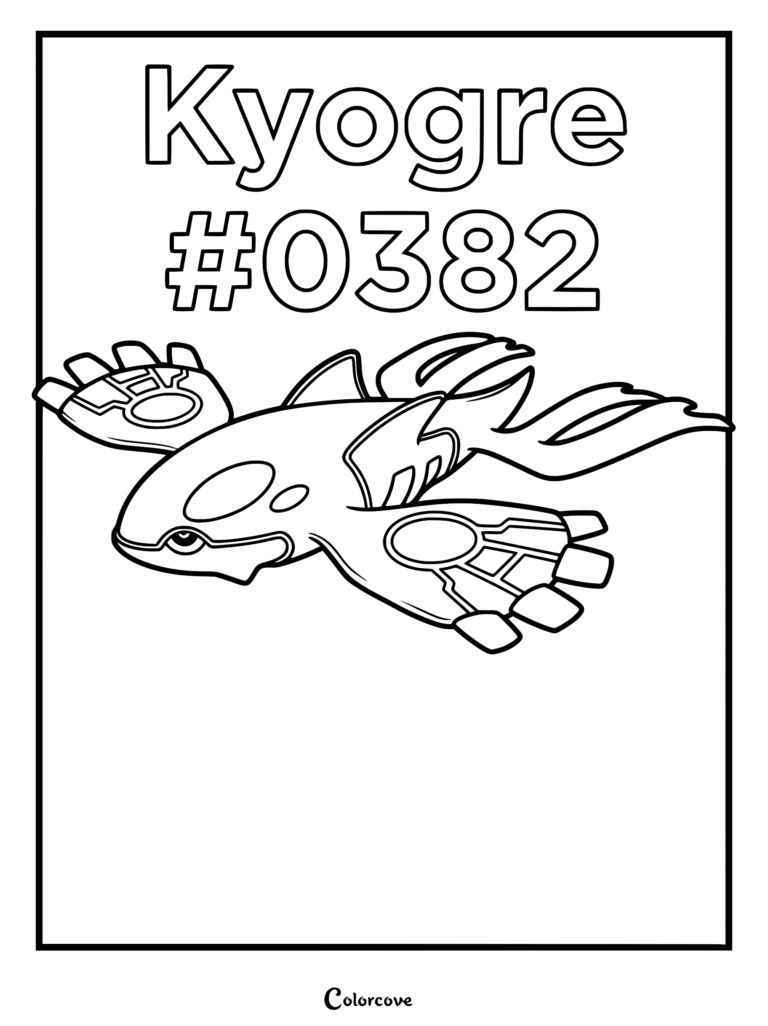 Kyogre #0382 Pokemon Hoenn legendary coloring page featuring the whale-like creature with large pectoral fins and flowing tail fins.