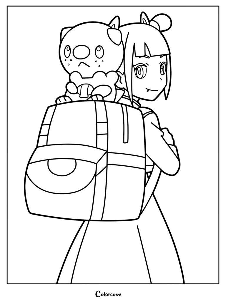 Anne from Pokemon Horizons carrying Oshawott in a backpack as a printable coloring page.