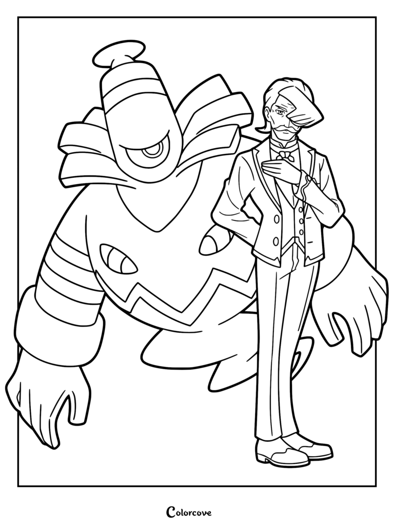 A detailed coloring page of Hamber from Pokemon Horizons standing confidently beside his Ghost-type partner, Dusknoir, with clean thick lines.