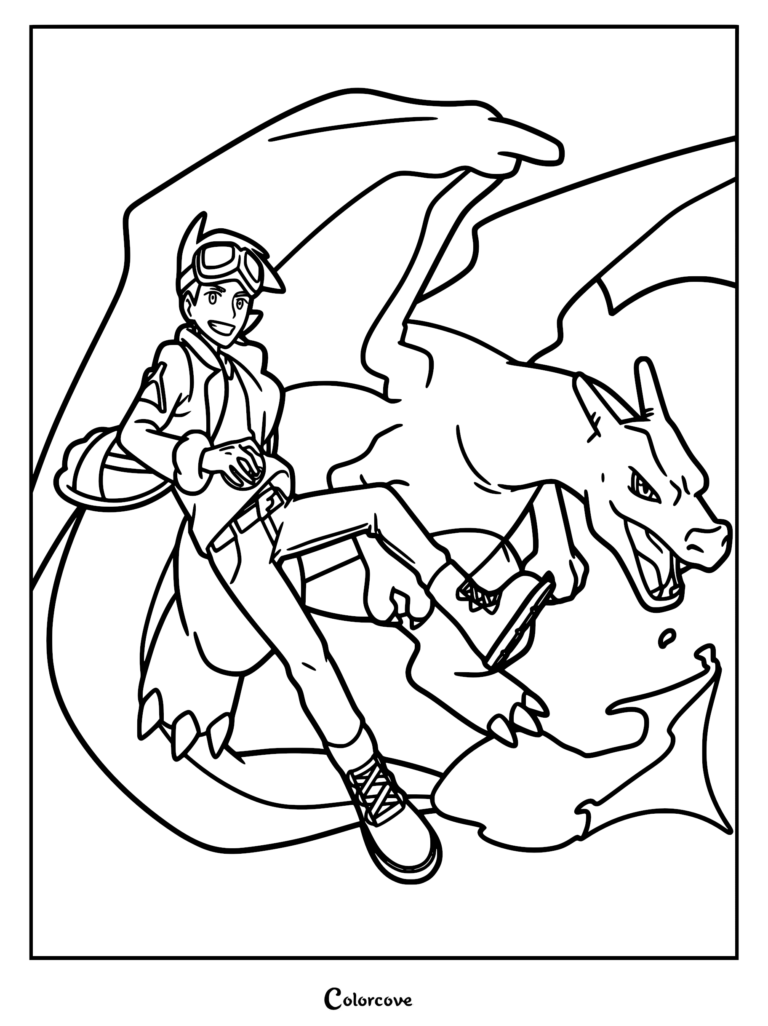 Friede from Pokemon Horizons flying on the back of his Charizard, detailed character line art coloring page.