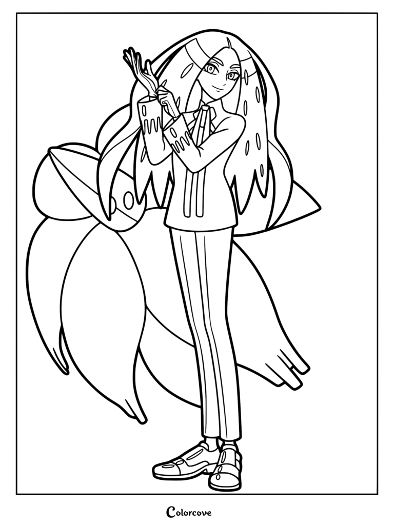 Geeta adjusting her glove with her Glimmora partner behind her in this printable Pokemon Horizons coloring page.