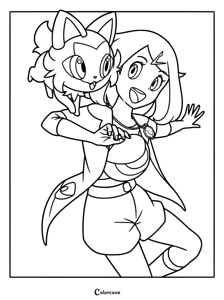 Liko from Pokemon Horizons smiling happily with her partner Sprigatito on her shoulder in this detailed line art coloring page.