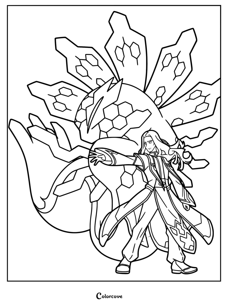 Detailed line art coloring page featuring Gibeon posing heroically in front of the legendary Pokémon Zygarde in its Complete Forme.