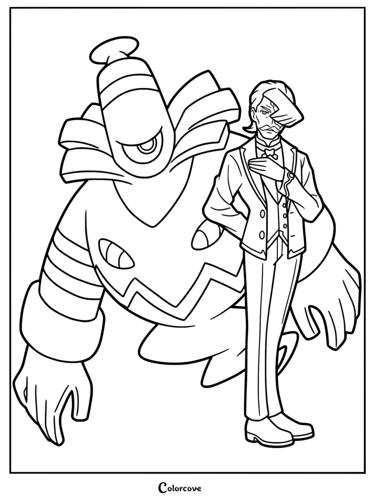 A detailed coloring page featuring Hamber, the refined butler in a suit, standing next to his powerful Ghost-type Pokemon, Dusknoir, with its signature singular glowing eye and large, bandaged hands.