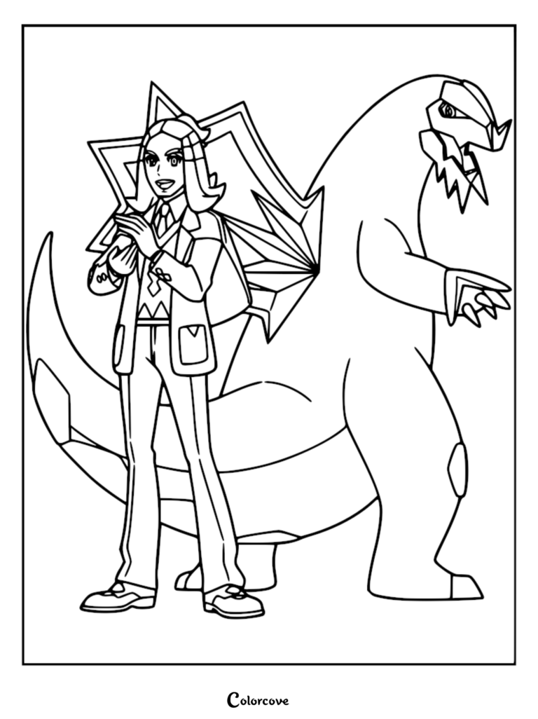 Hassel in a suit standing next to his powerful Dragon-type partner Baxcalibur in this detailed printable coloring page.