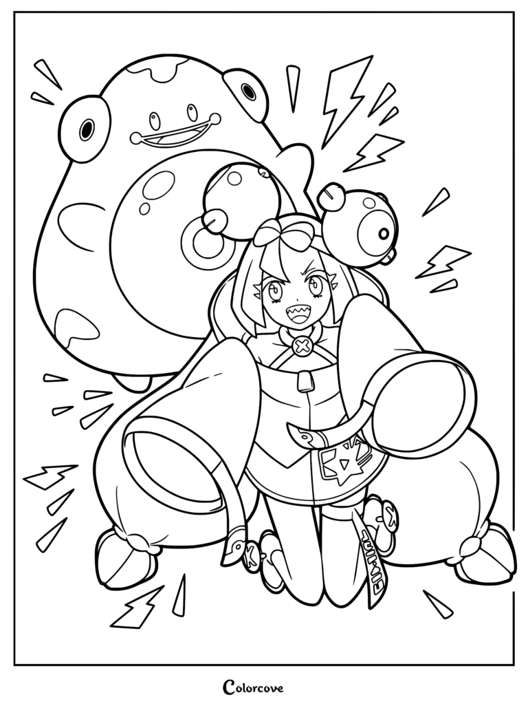 Iono the electric-type gym leader with Bellibolt and Magnemite in an action pose coloring page.
