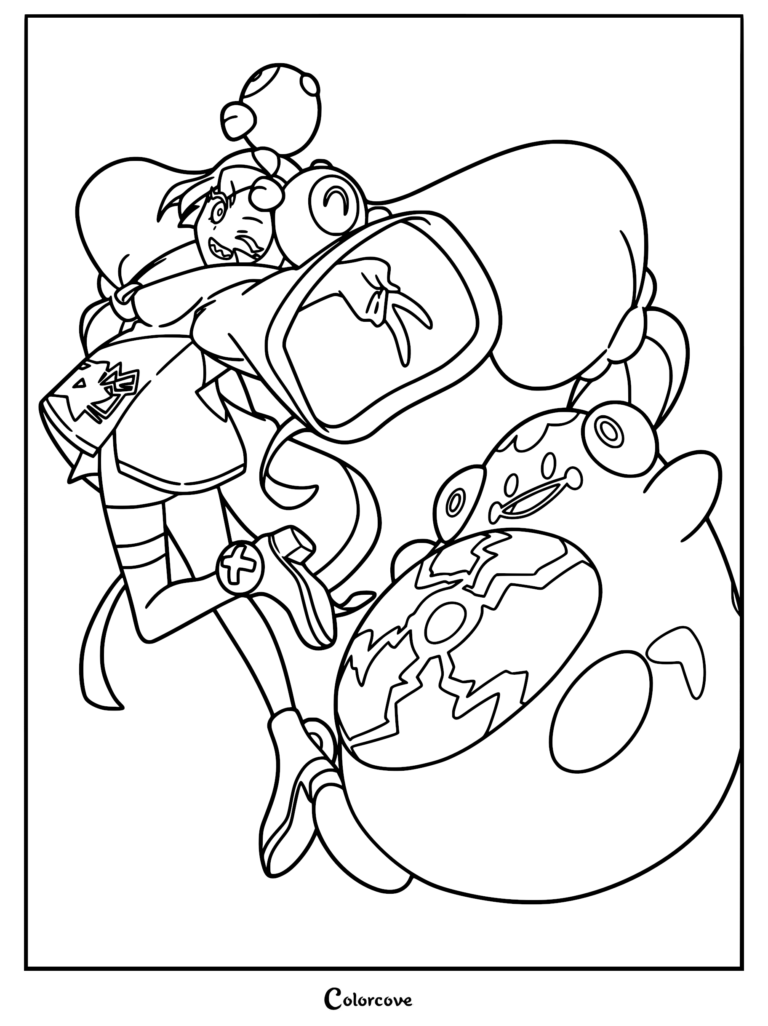 Iono from Pokemon Horizons posing with her partner Bellibolt in this printable coloring page featuring thick line art.