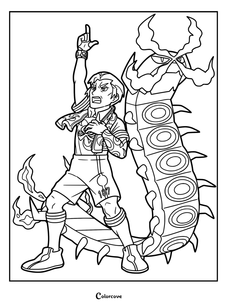 Kabu pointing upwards with Centiskorch standing tall behind him in a detailed line art coloring page.