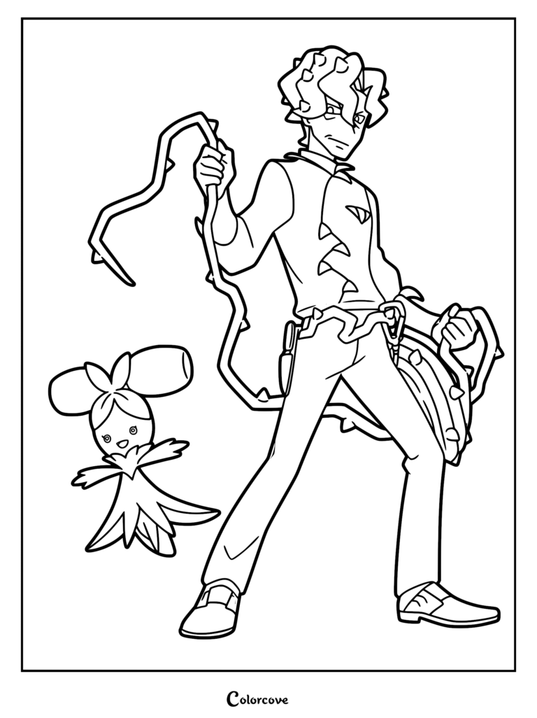 A detailed coloring page of Pokemon Horizons character Brassius standing in a dramatic pose alongside his Grass-type Pokemon partner Dolliv.