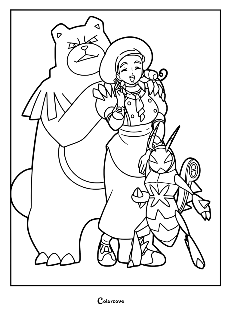 A printable coloring page featuring Katy, the Cortondo Gym Leader, standing happily with her Pokemon partners Lokix and Ursaring.