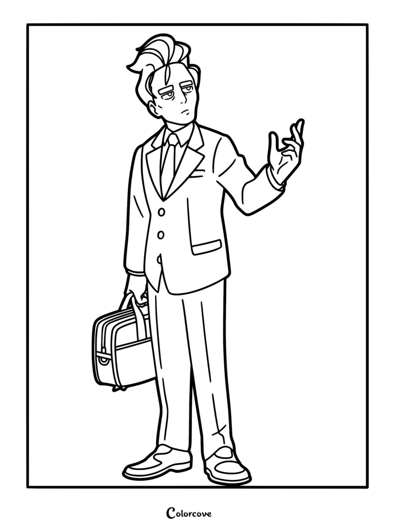 A printable coloring page featuring Larry from Pokémon Horizons wearing his suit, holding a briefcase and gesturing with one hand.