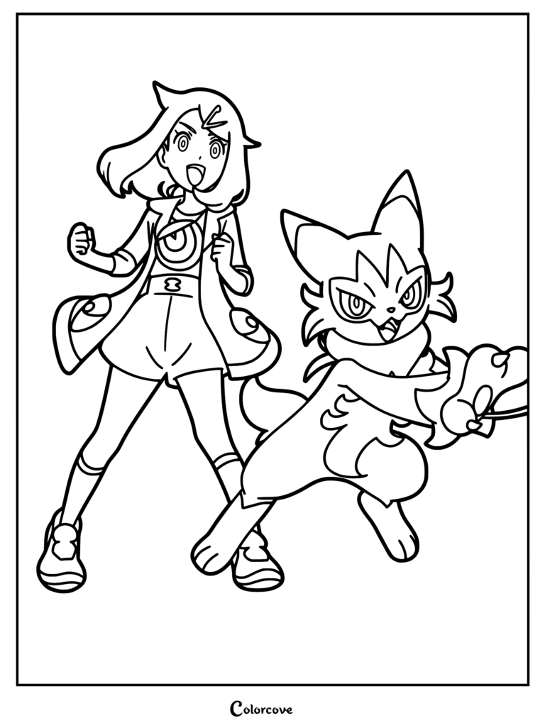 A high-quality Pokémon Horizons coloring page featuring Liko standing confidently next to her partner Pokémon, Floragato, in a dynamic action pose.