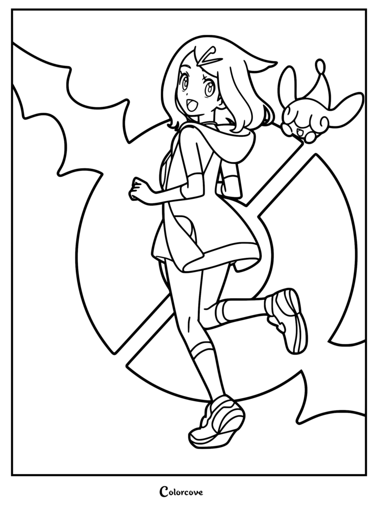 Liko smiling and Hatenna floating beside her in a dynamic pose, Pokemon Horizons line art coloring page.