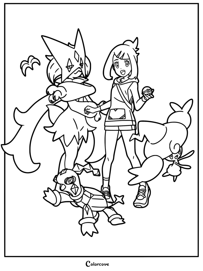 Pokemon Horizons coloring page featuring Liko holding a Poke Ball, standing with Meowscarada, Terapagos, and Hattrem.