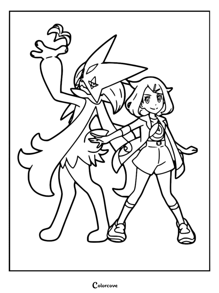 Liko from Pokemon Horizons standing beside her partner Meowscarada, featuring sharp line art for a printable coloring page.