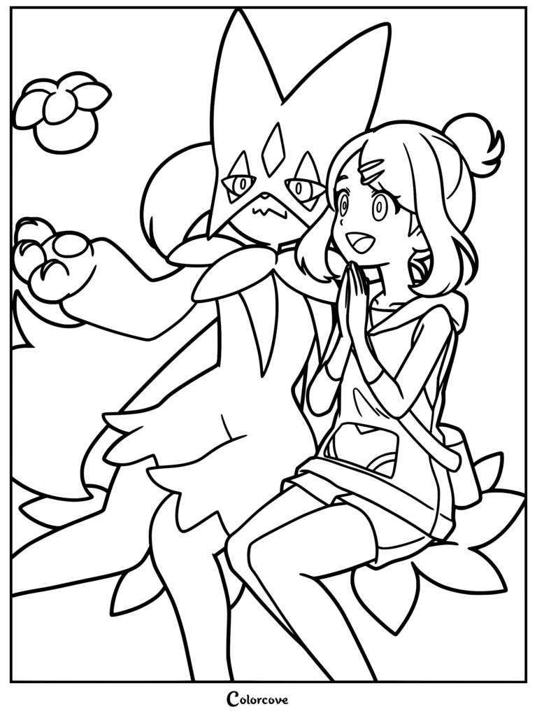 Liko from Pokémon Horizons sitting with her partner Meowscarada in this clean black and white line art coloring page.