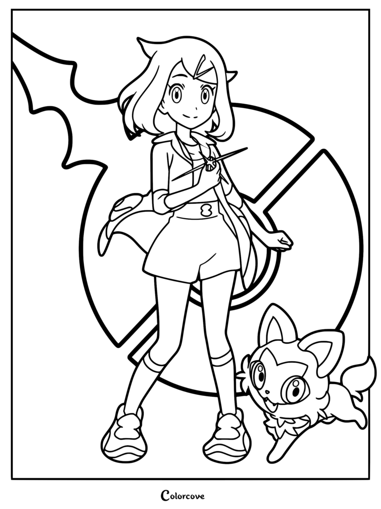 Liko holding her pendant with Sprigatito standing beside her in a Pokemon Horizons coloring page design.