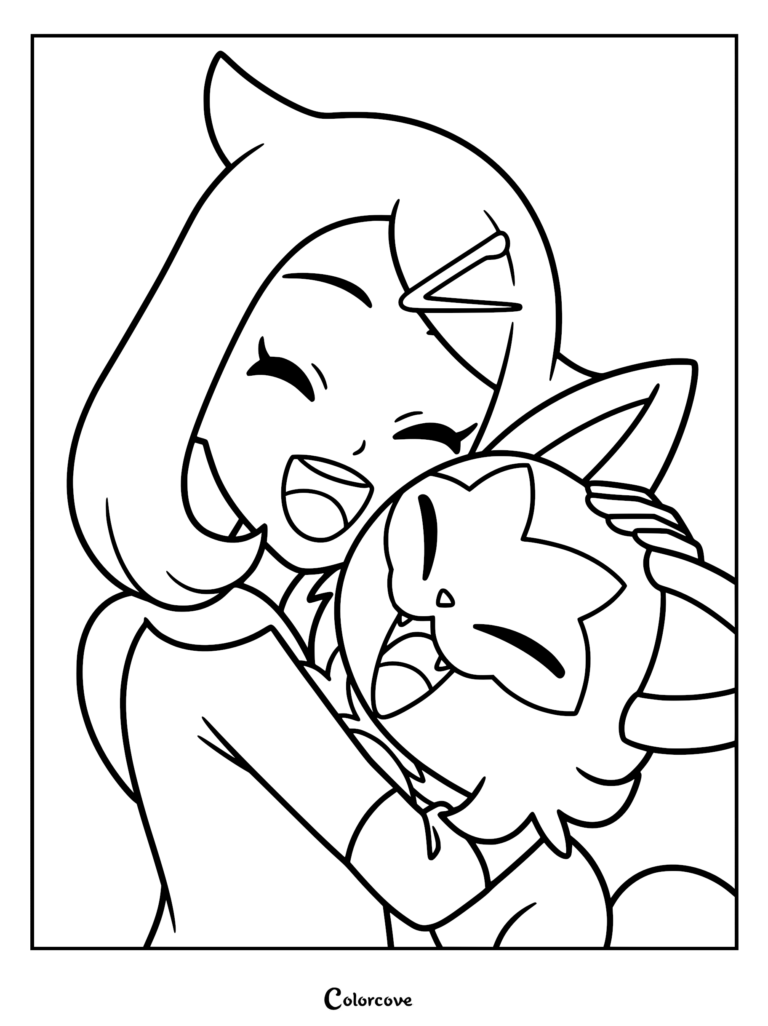 Liko is joyfully embracing and cuddling her happy Sprigatito.