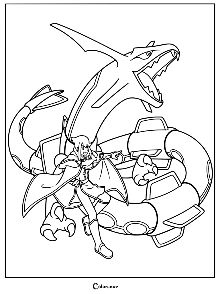 A detailed coloring page featuring the ancient explorer Lucius standing confidently in front of the legendary Black Rayquaza in a dynamic pose.