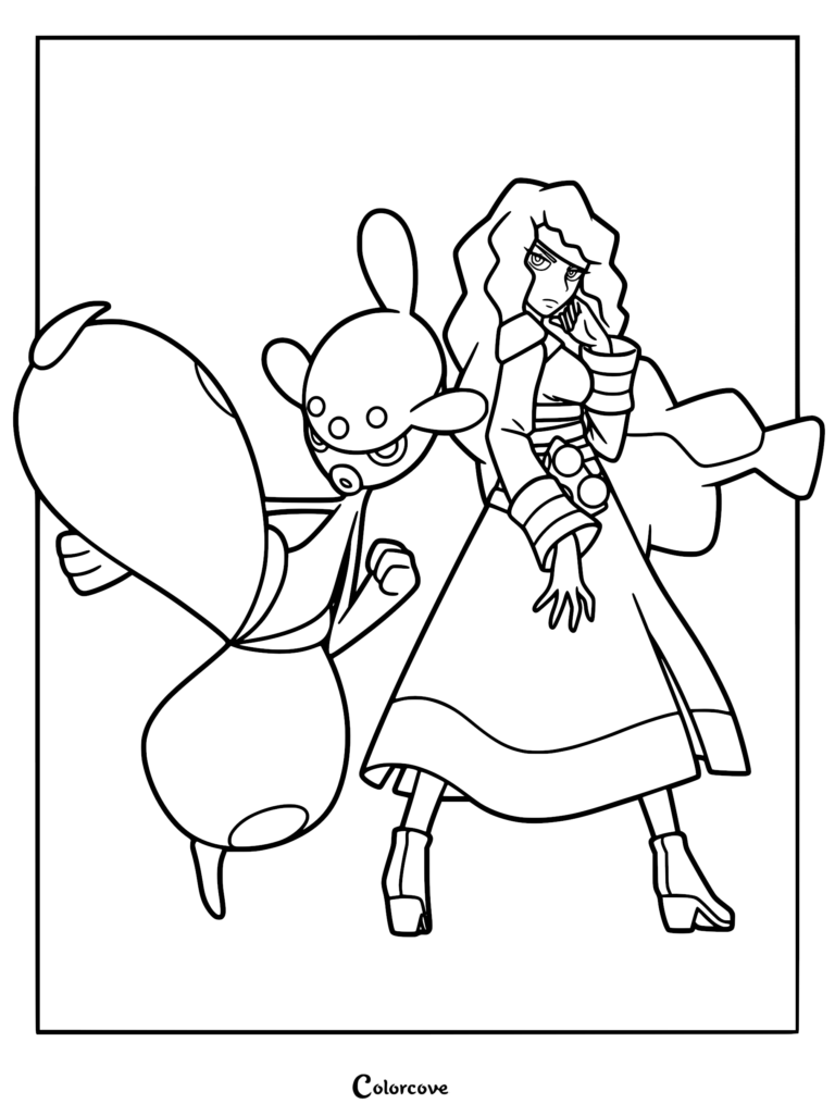 A printable Pokemon Horizons coloring page featuring Chalce standing confidently next to a powerful Medicham.