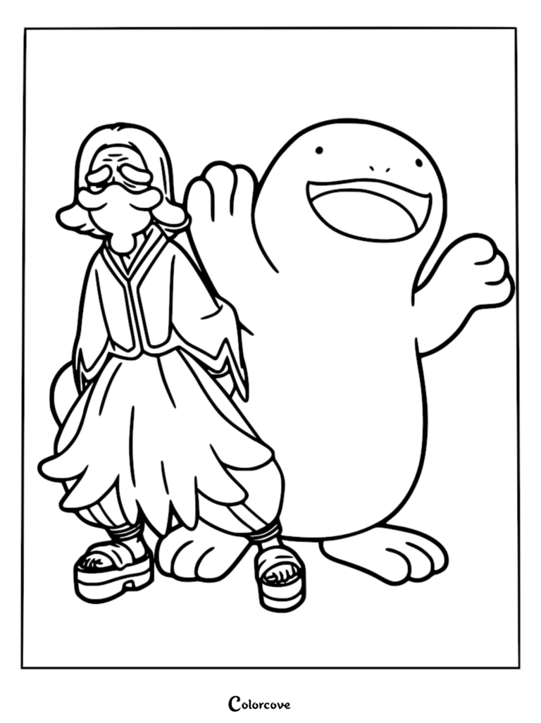Ludlow from Pokemon Horizons standing next to his happy Quagsire in a printable black and white coloring page.