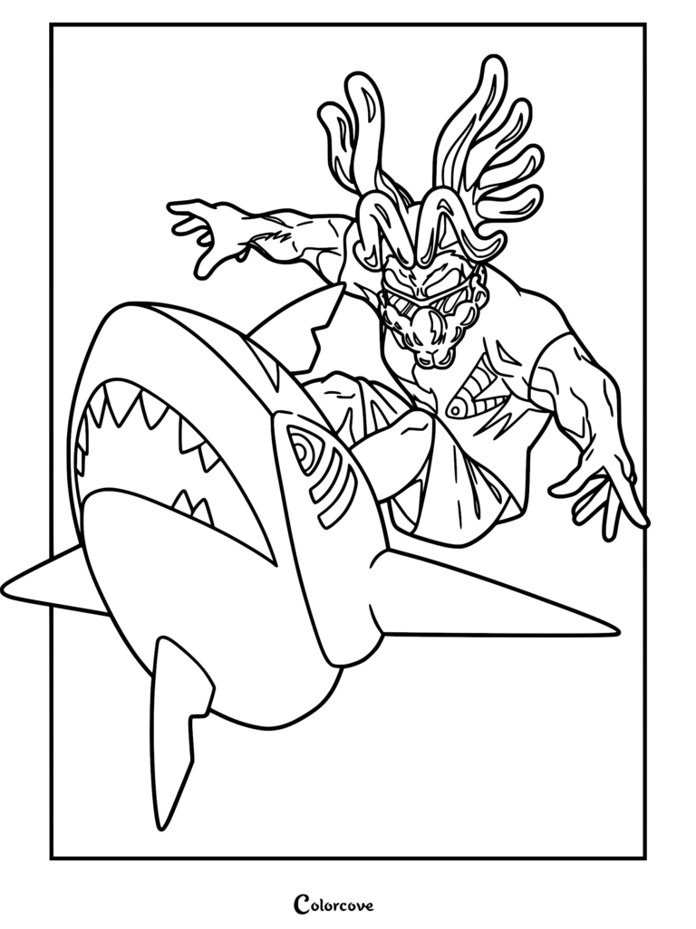 A detailed coloring page of Mighty G in his mask and suit surfing on the back of a Sharpedo Pokemon.