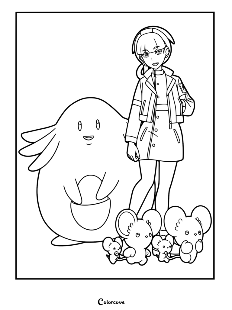 Mollie from Pokemon Horizons standing next to Chansey and a family of Maushold in this printable coloring page.