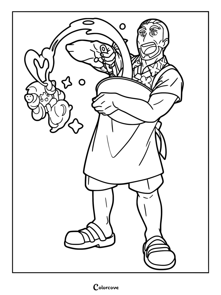 Murdock from Pokemon Horizons wearing an apron while whisking a bowl, with Alcremie floating nearby, in this printable coloring page line art.