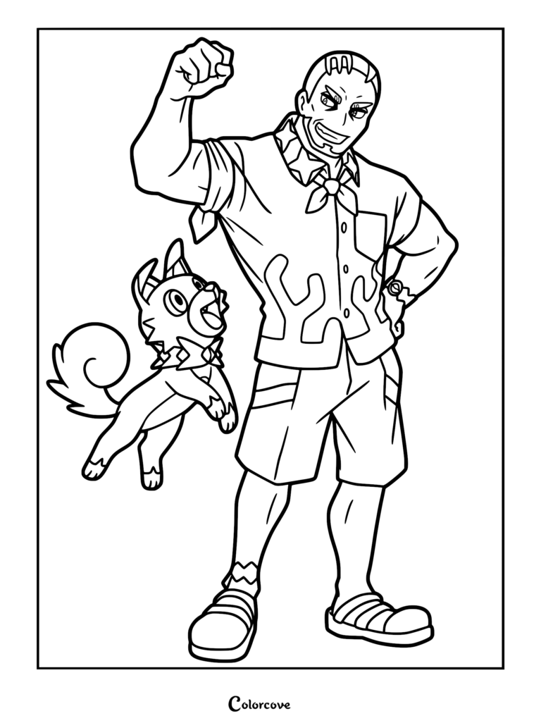 Murdock posing with a cheering Rockruff in this Pokémon Horizons coloring page, showcasing line art of the chef and his puppy Pokémon.