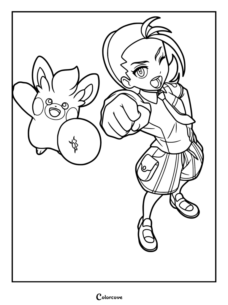 Nemona from Pokemon Horizons in a school uniform striking a dynamic pose with her energetic Pawmo in this printable coloring page.
