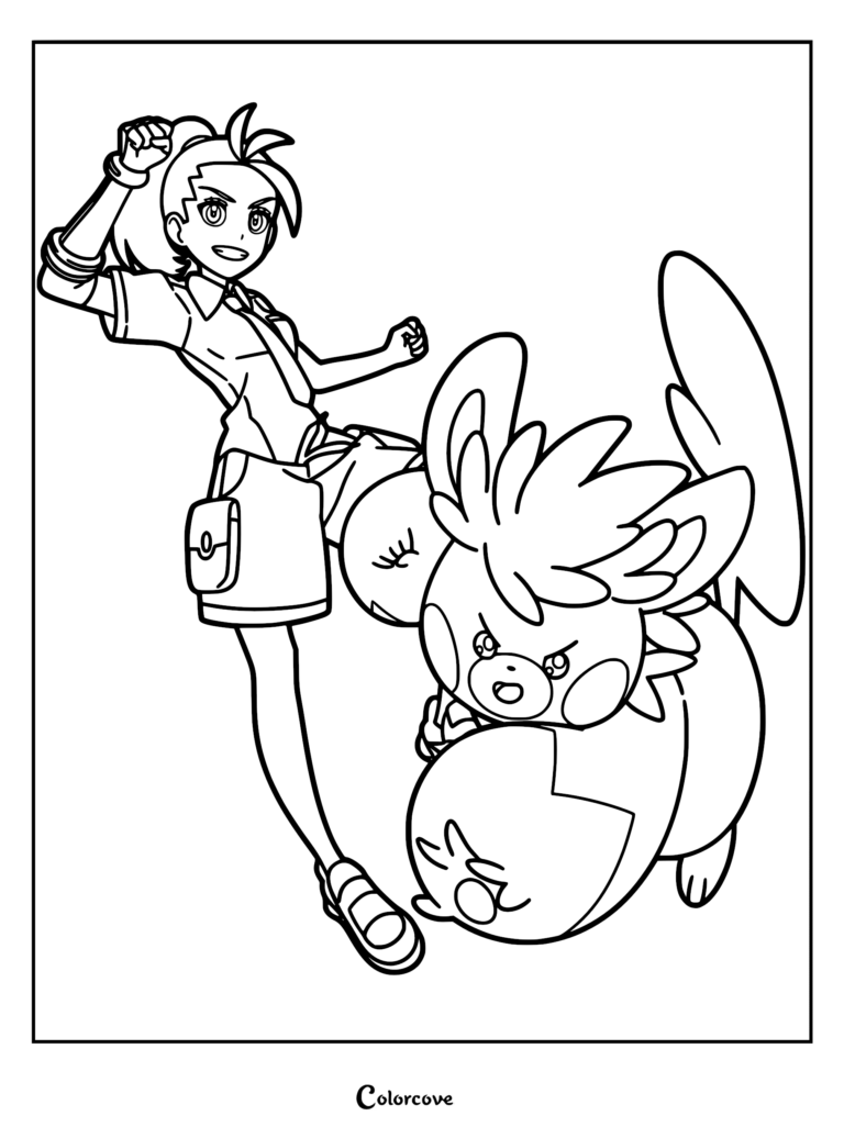 A detailed coloring page of Nemona from Pokemon standing next to her energetic Electric-type partner Pokemon Pawmot in a dynamic battle pose.