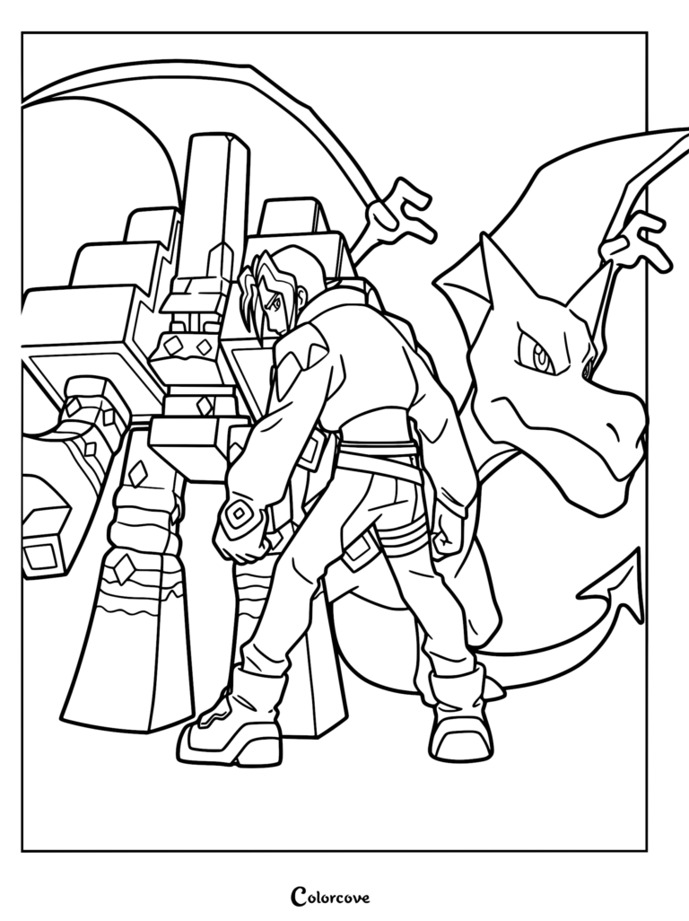 Amethio standing back-to-back with Ceruledge and Corviknight in a detailed black and white line art coloring page.