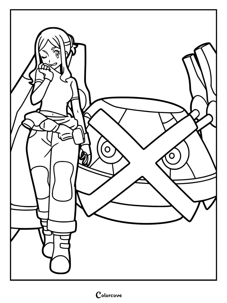 A line art coloring page featuring Orla from Pokemon Horizons standing beside her metallic Metagross partner.