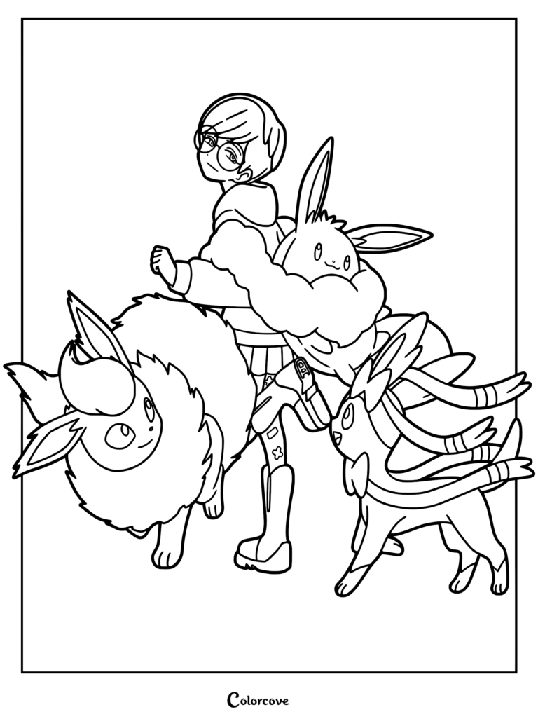 A detailed coloring page featuring Penny from Pokemon wearing glasses and a hoodie, accompanied by her Flareon and Sylveon companions.