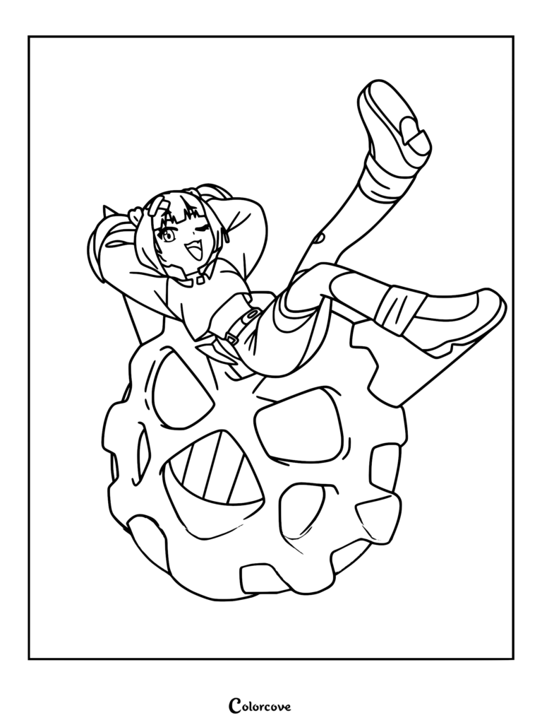 A printable coloring page featuring Coral from Pokemon Horizons posing playfully while reclining on top of a Glalie Pokemon.