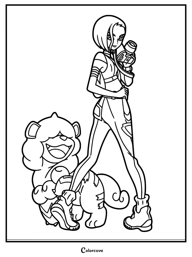 A black and white line art coloring page of the photographer Perrin standing with her companion, a happy Hisuian Growlithe, while holding her camera.