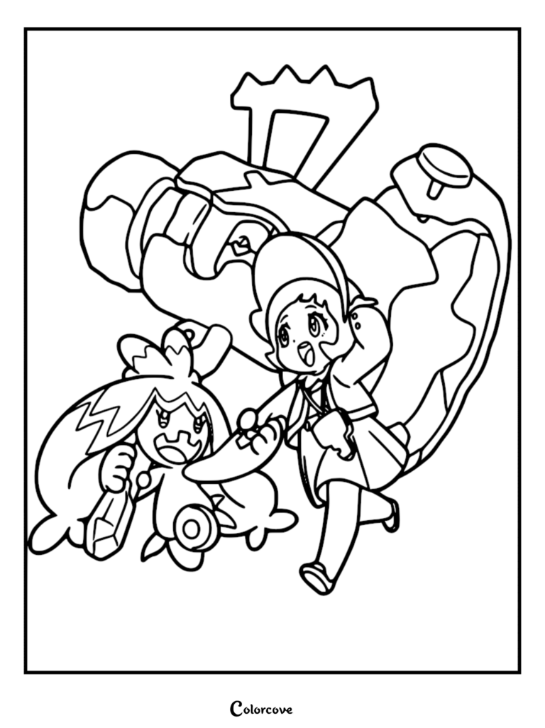 Poppy and her partner Tinkaton holding a giant metal hammer in a bold line art coloring page.