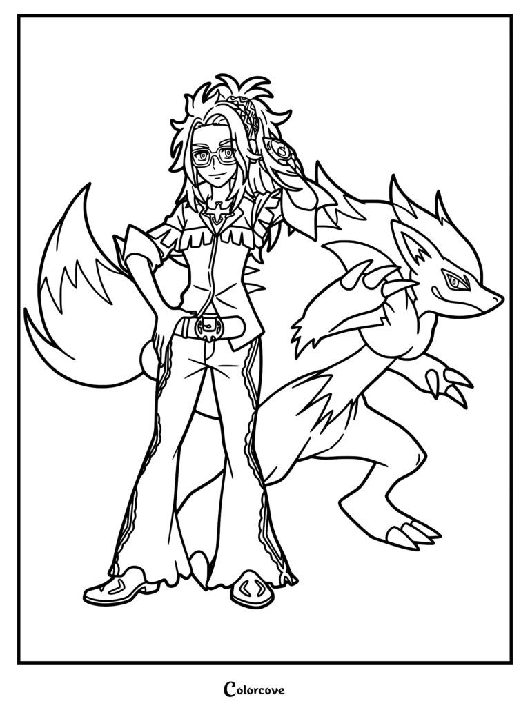 A printable coloring page featuring Raifort wearing glasses and a stylish outfit standing next to the Pokemon Zoroark with its large, fluffy tail.