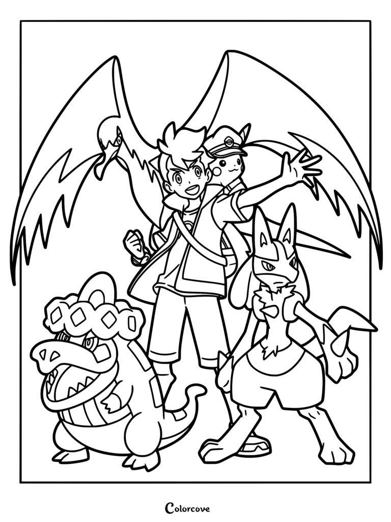 Roy, Captain Pikachu, Skeledirge, Kilowattrel, and Lucario pose together.