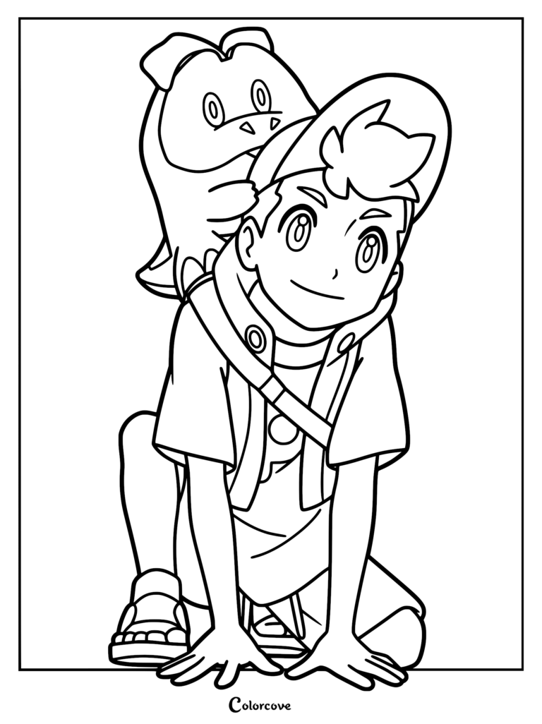 Roy from Pokemon Horizons crouching on the ground with his partner Fuecoco resting on his back in this printable black and white coloring page.