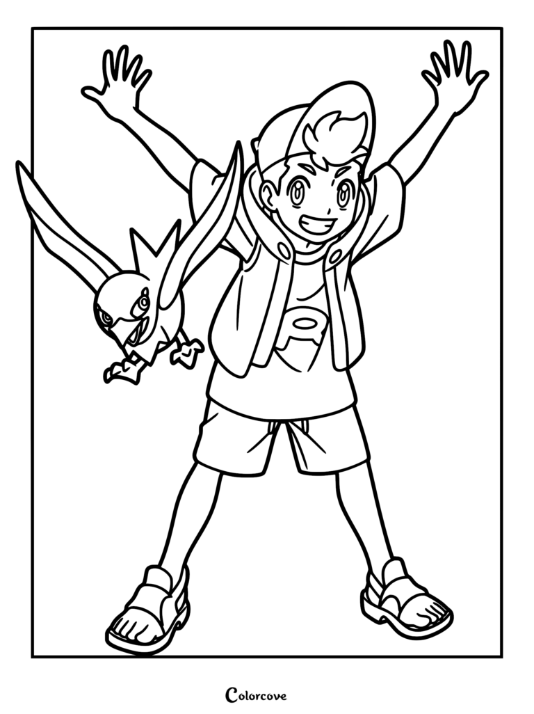 Pokemon Horizons Roy standing with arms raised alongside his flying Electric-type partner Wattrel in this printable coloring page.