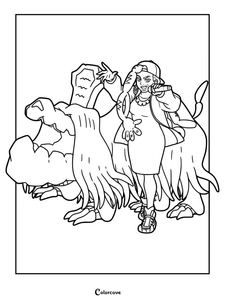 Ryme, the rap-battle Gym Leader, performing with a microphone beside her Ghost-type Pokemon Houndstone in this detailed line art coloring page.