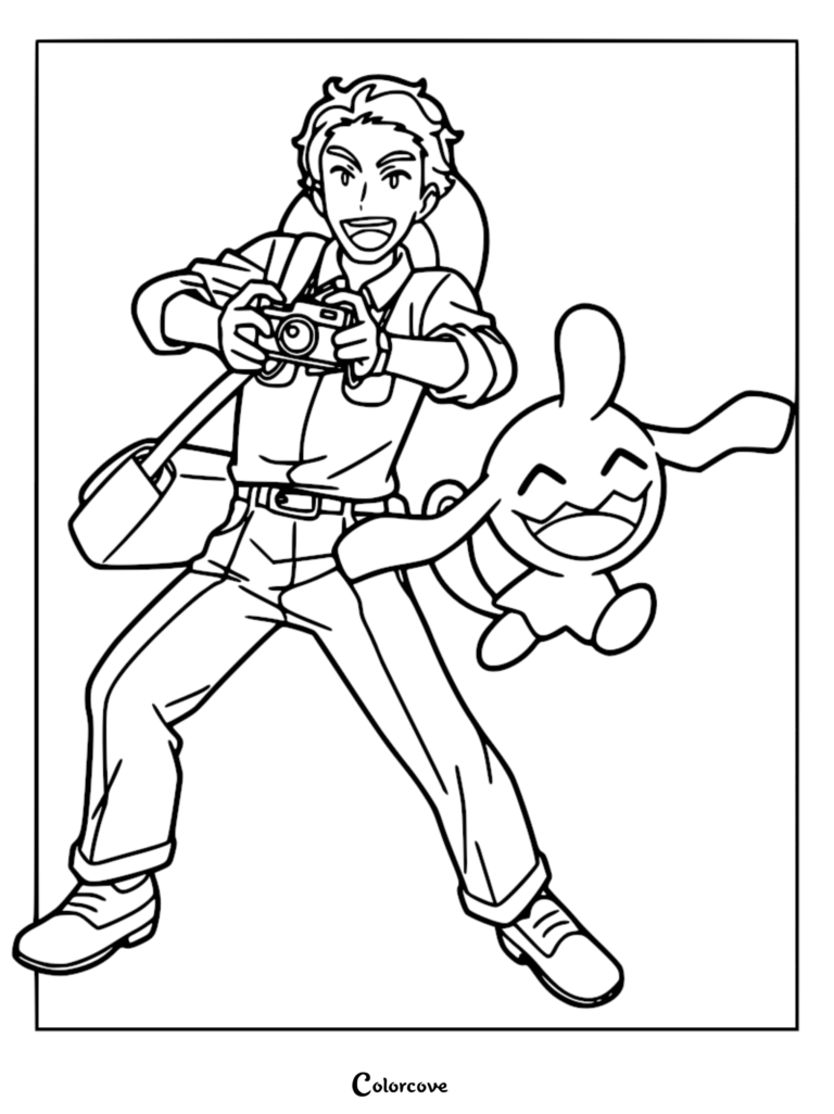 Sohdayo from Pokemon Horizons holding a camera with a joyful Wynaut jumping beside him, clean line art coloring page.