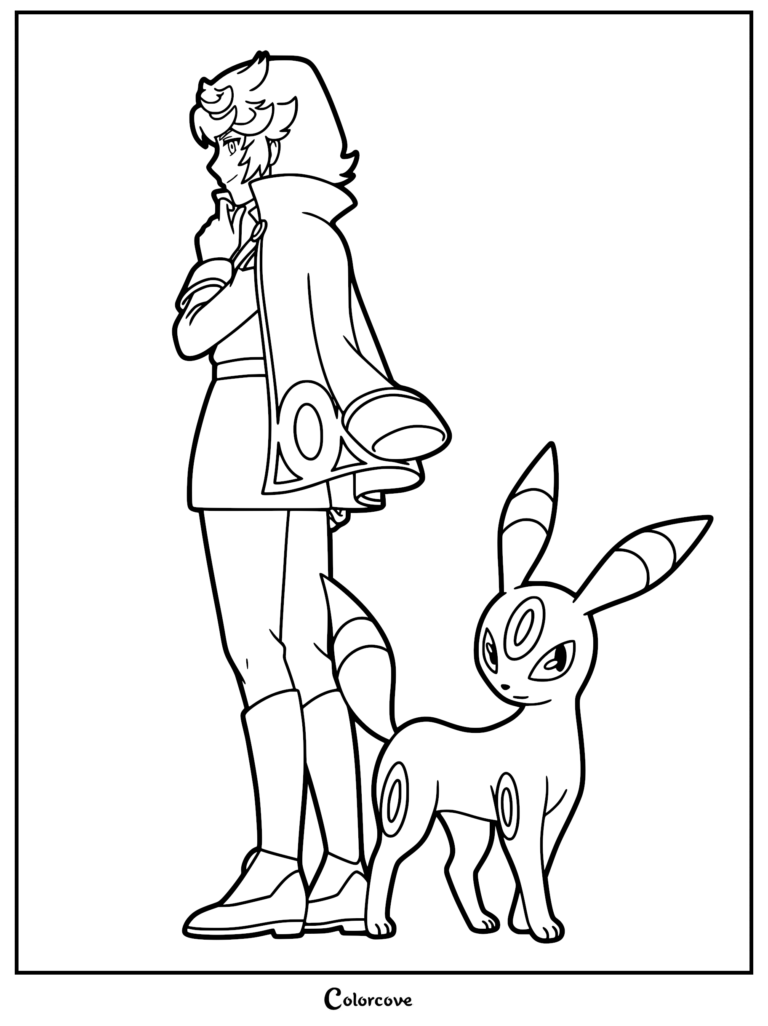 Spinel from Pokemon Horizons standing with his partner Umbreon in a detailed line art coloring page.