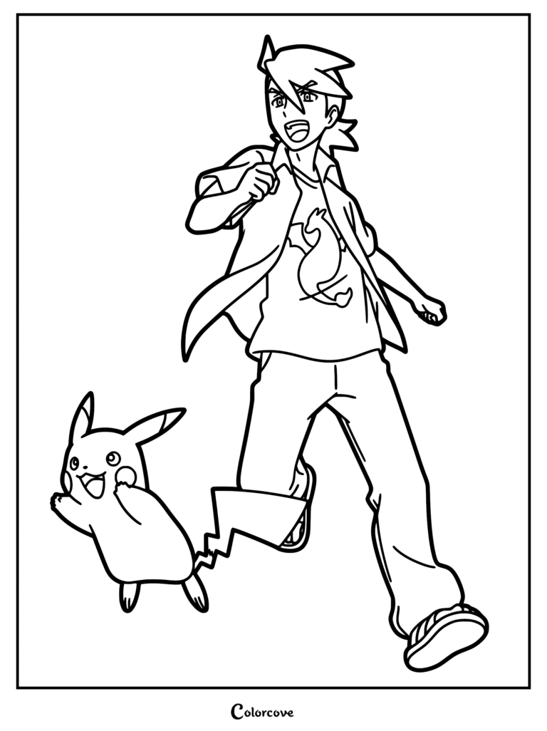 Young Friede wearing a Charizard t-shirt running energetically next to his companion Pikachu, a printable Pokemon Horizons coloring page.