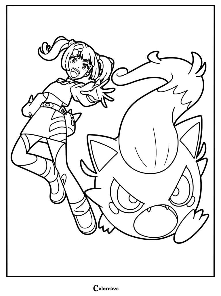 A detailed coloring page of Coral from Pokemon Horizons with her energetic Paradox Pokemon Scream Tail in an action pose.