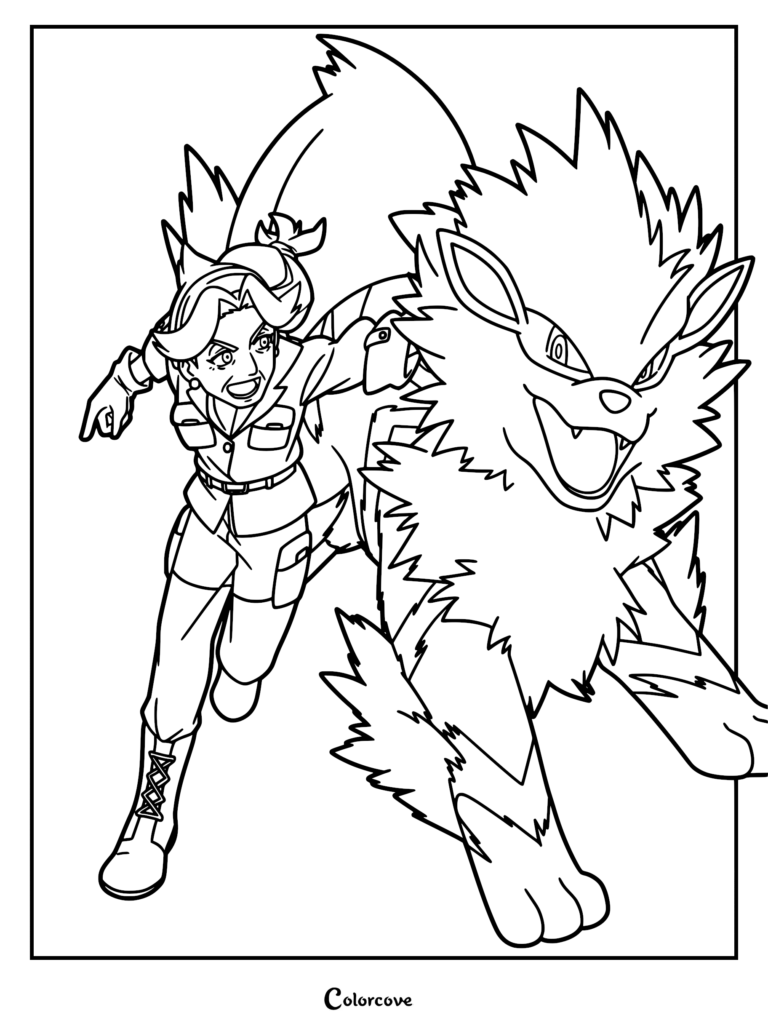 Diana from Pokémon Horizons running alongside her loyal Arcanine in this detailed line art coloring page.