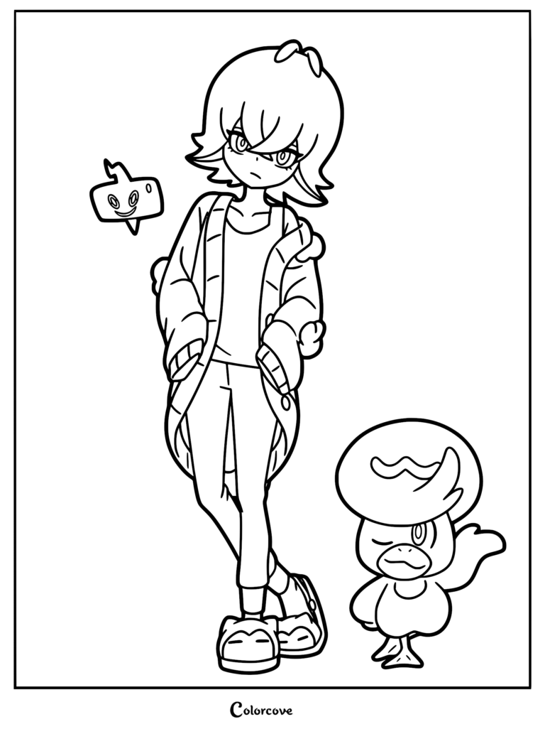 Dot from Pokemon Horizons standing in a hoodie next to Quaxly and a floating Rotom in this printable black and white coloring page.